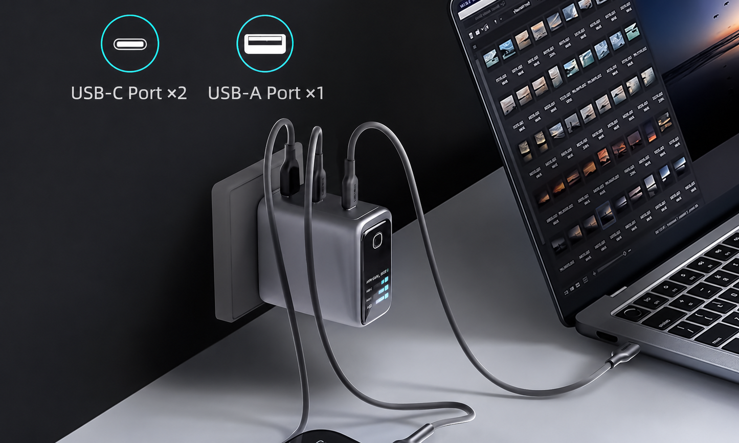 Meenova 100W GaN Charger with Smart Display, 3-Port PD Fast Charger with AI Temperature Control, USB-C x2 & USB-A, Real-Time Power Monitoring for Laptop, Phone & Tablet