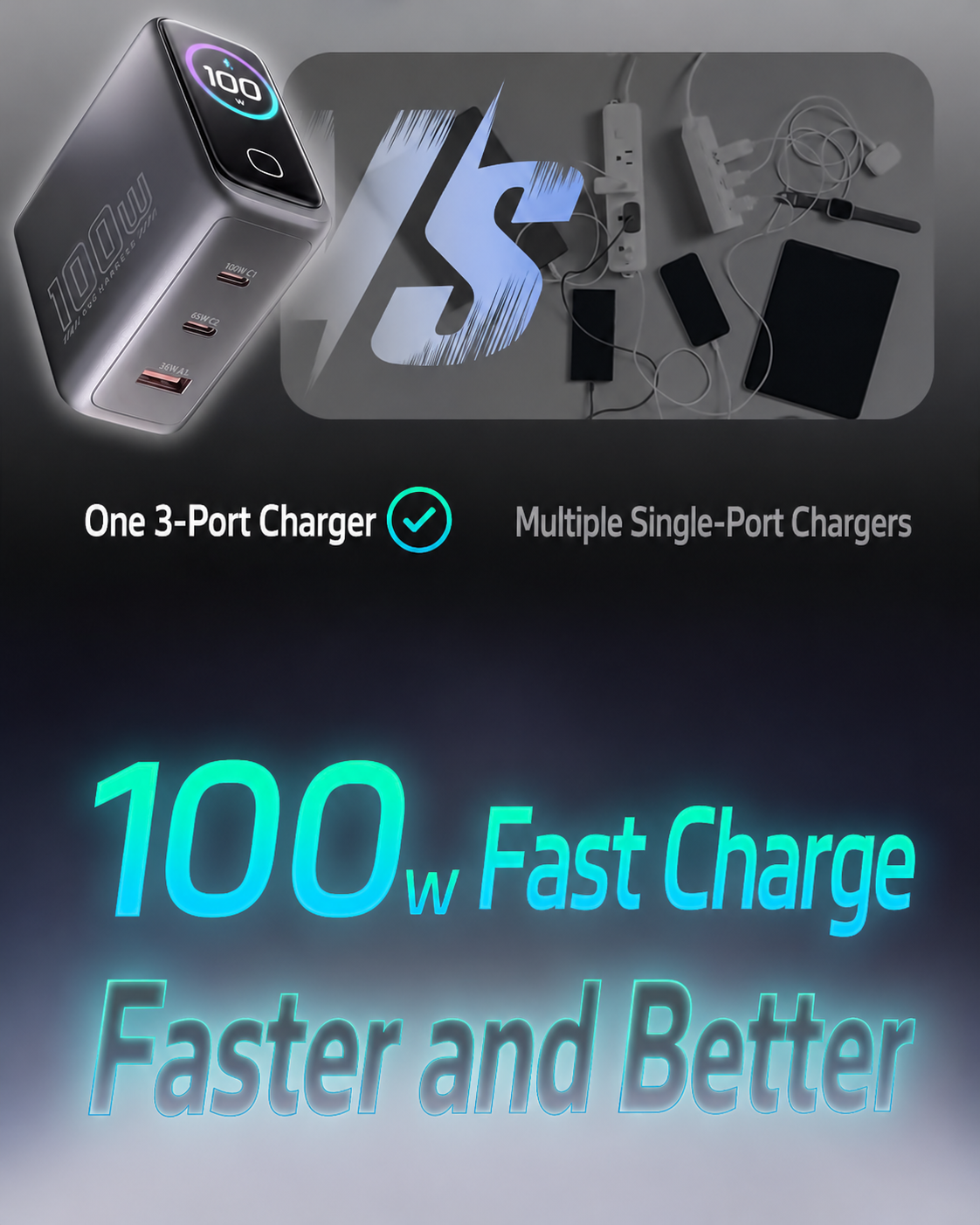 Meenova 100W GaN Charger with Smart Display, 3-Port PD Fast Charger with AI Temperature Control, USB-C x2 & USB-A, Real-Time Power Monitoring for Laptop, Phone & Tablet