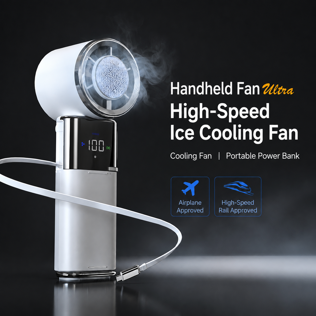 Meenova Portable Cooling Fan with Ice Cooling Technology, Retractable Type-C Cable, 100-Speed Wind Control, LED Display & Emergency Power Bank