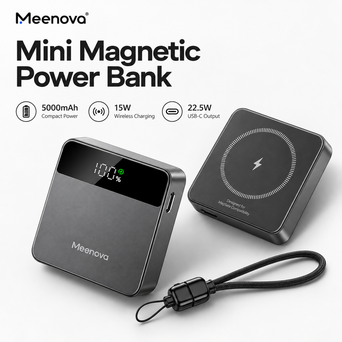 Meenova X2 Mini 3-in-1 Magnetic Power Bank, 5000mAh, Up to 15W Wireless & 22.5W USB-C, MagSafe-Compatible Portable Charger for iPhone, Apple Watch & AirPods with Digital Display, Aluminum Body & USB-C Lanyard Cable