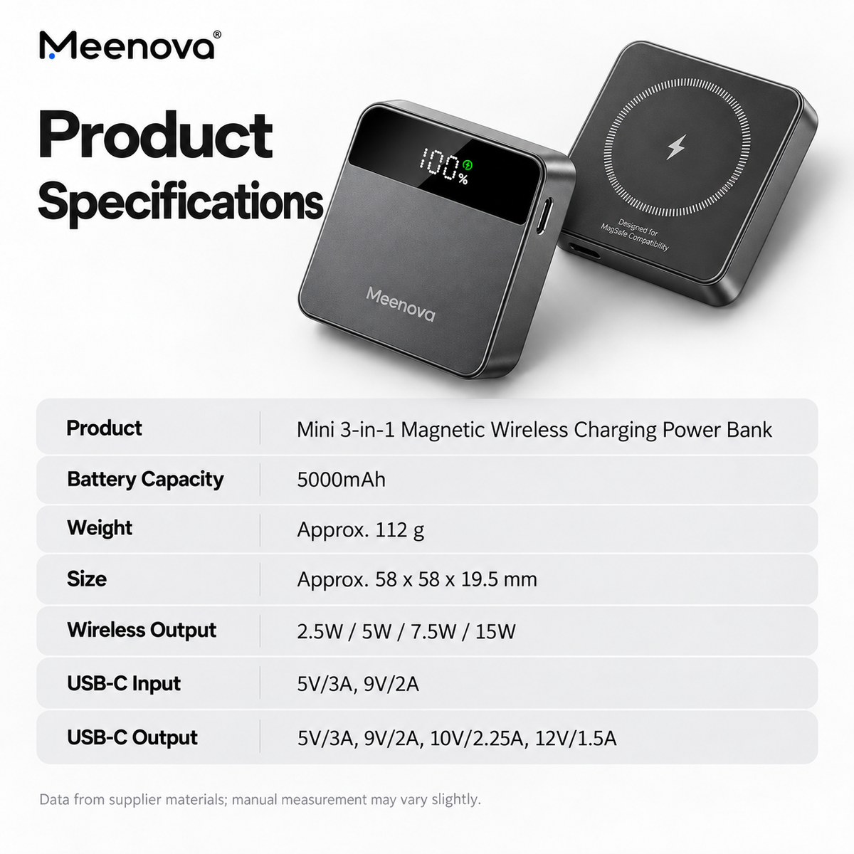 Meenova X2 Mini 3-in-1 Magnetic Power Bank, 5000mAh, Up to 15W Wireless & 22.5W USB-C, MagSafe-Compatible Portable Charger for iPhone, Apple Watch & AirPods with Digital Display, Aluminum Body & USB-C Lanyard Cable