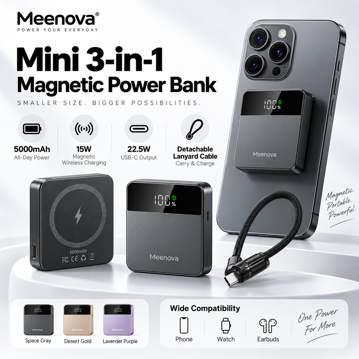 Meenova X2 Mini 3-in-1 Magnetic Power Bank, 5000mAh, Up to 15W Wireless & 22.5W USB-C, MagSafe-Compatible Portable Charger for iPhone, Apple Watch & AirPods with Digital Display, Aluminum Body & USB-C Lanyard Cable