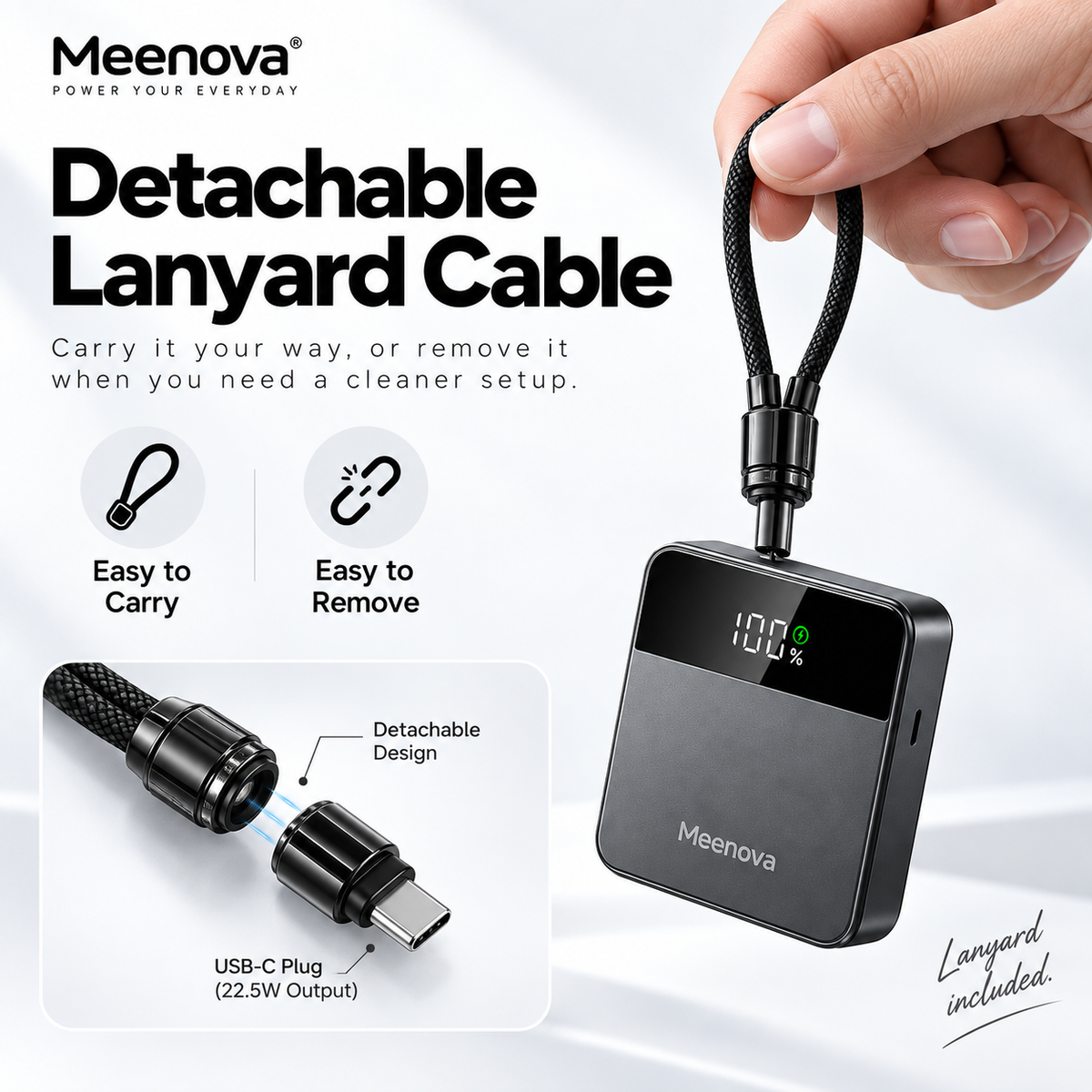 Meenova X2 Mini 3-in-1 Magnetic Power Bank, 5000mAh, Up to 15W Wireless & 22.5W USB-C, MagSafe-Compatible Portable Charger for iPhone, Apple Watch & AirPods with Digital Display, Aluminum Body & USB-C Lanyard Cable