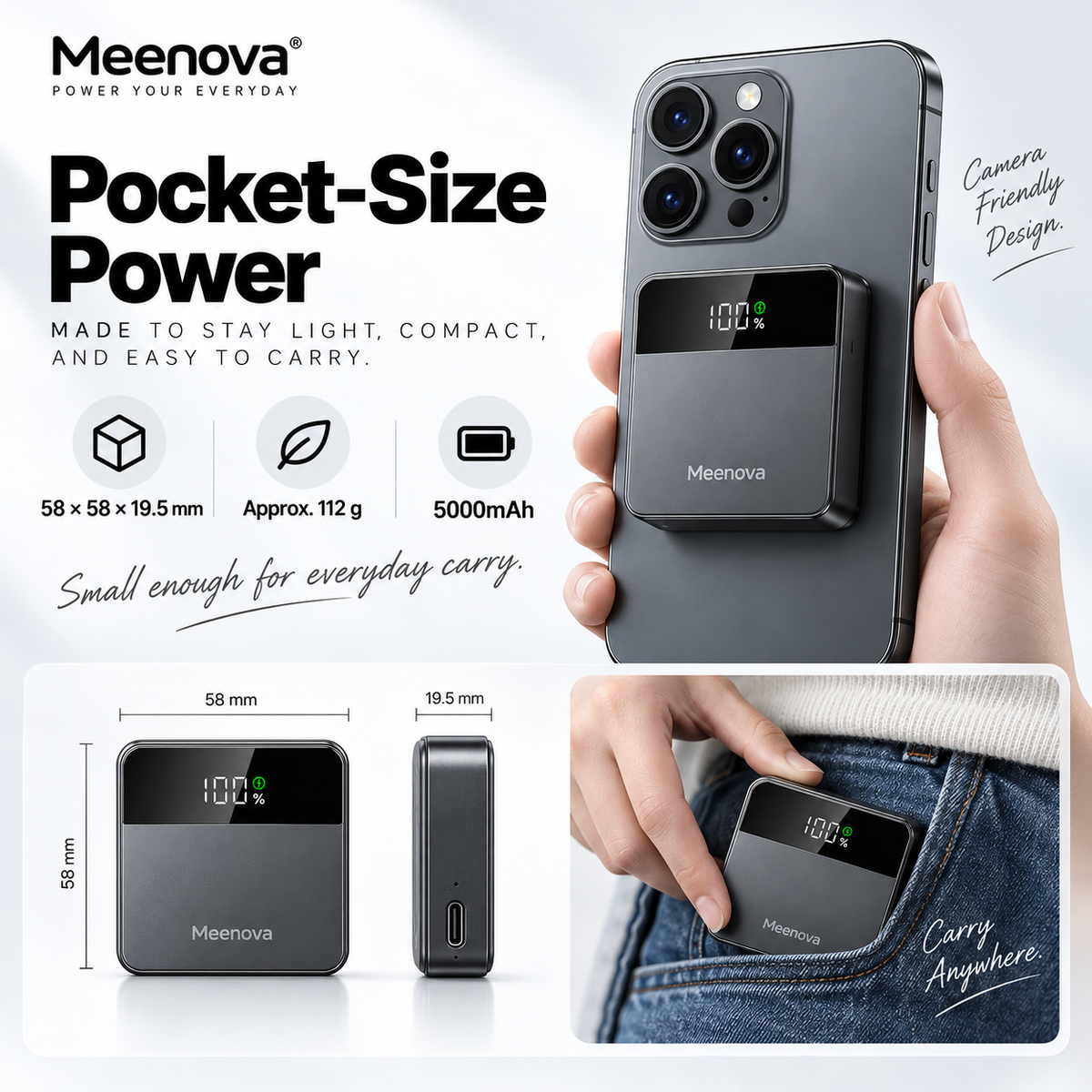 Meenova X2 Mini 3-in-1 Magnetic Power Bank, 5000mAh, Up to 15W Wireless & 22.5W USB-C, MagSafe-Compatible Portable Charger for iPhone, Apple Watch & AirPods with Digital Display, Aluminum Body & USB-C Lanyard Cable