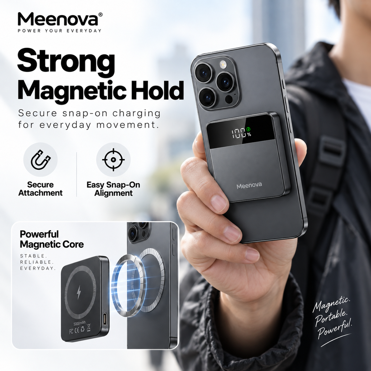 Meenova X2 Mini 3-in-1 Magnetic Power Bank, 5000mAh, Up to 15W Wireless & 22.5W USB-C, MagSafe-Compatible Portable Charger for iPhone, Apple Watch & AirPods with Digital Display, Aluminum Body & USB-C Lanyard Cable