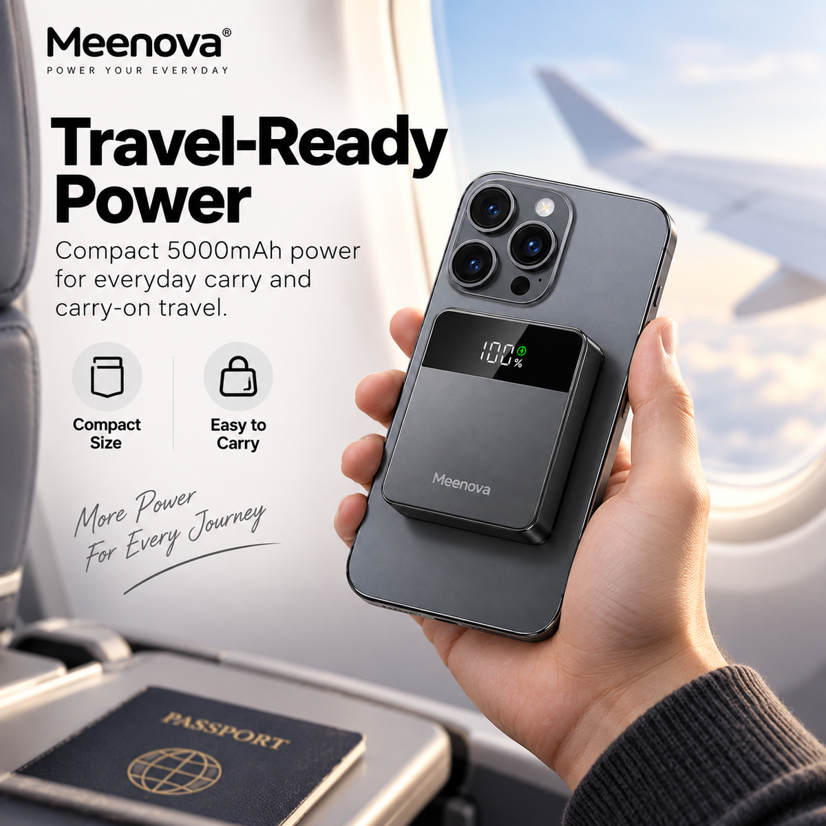 Meenova X2 Mini 3-in-1 Magnetic Power Bank, 5000mAh, Up to 15W Wireless & 22.5W USB-C, MagSafe-Compatible Portable Charger for iPhone, Apple Watch & AirPods with Digital Display, Aluminum Body & USB-C Lanyard Cable