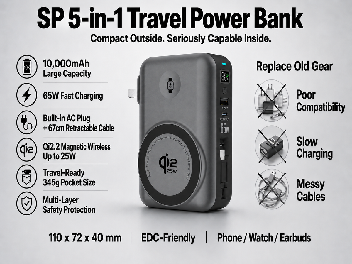 Meenova SP X 10000mAh 5-in-1 Magnetic Power Bank & 65W Wall Charger, 25W Qi2.2, Built-In USB-C Cable