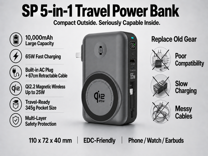 Meenova SP X 10000mAh 5-in-1 Magnetic Power Bank & 65W Wall Charger, 25W Qi2.2, Built-In USB-C Cable