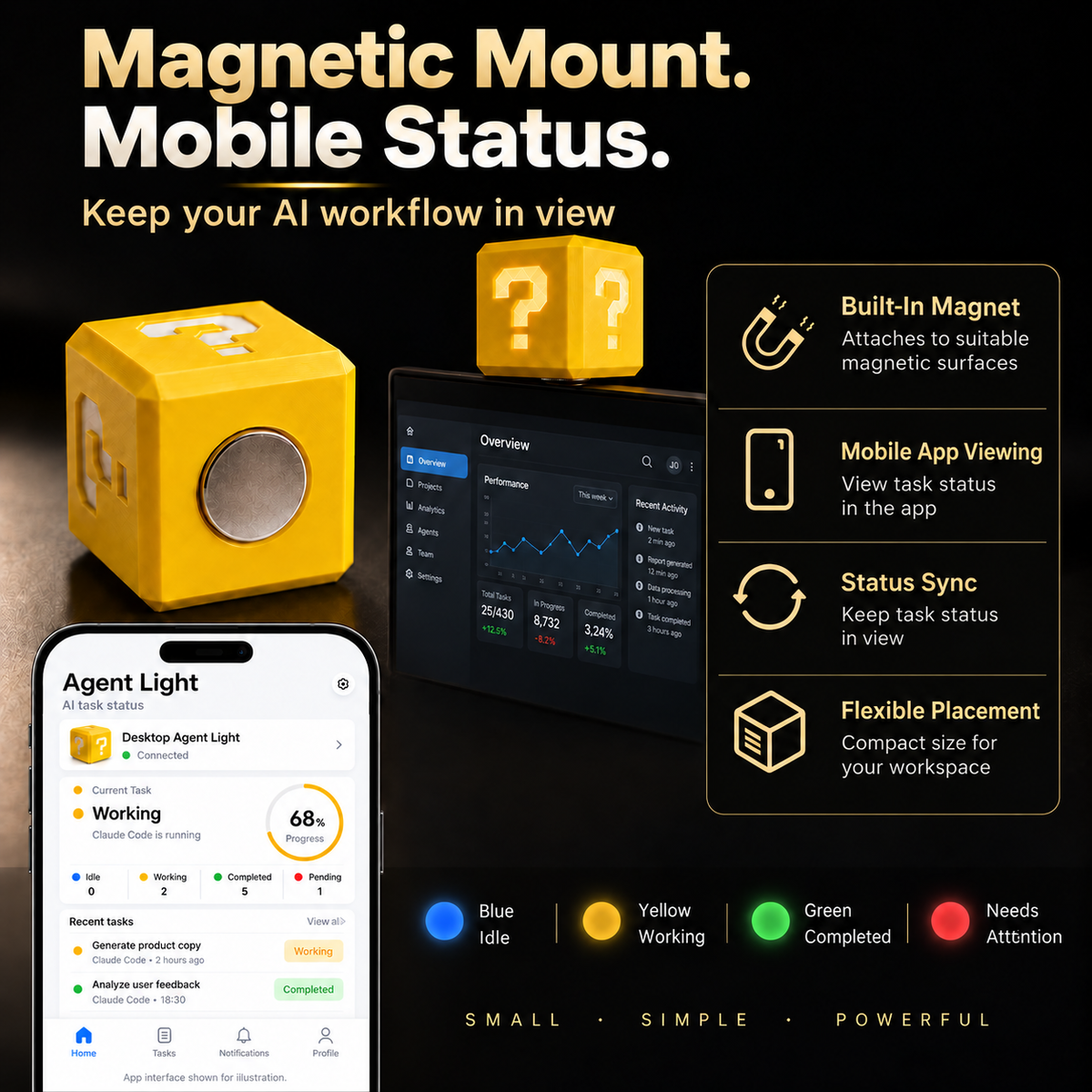 Agent Light AI Status Cube with USB-C, Bluetooth & Magnetic Mount