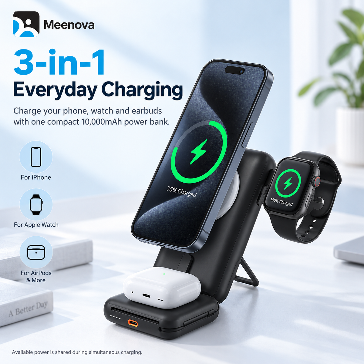 Meenova MP07 15W Qi2-Compatible 3-in-1 Magnetic Power Bank, 10000mAh MagSafe-Compatible Portable Charger with Cooling Fan & Foldable Phone Stand for iPhone, Apple Watch & AirPods