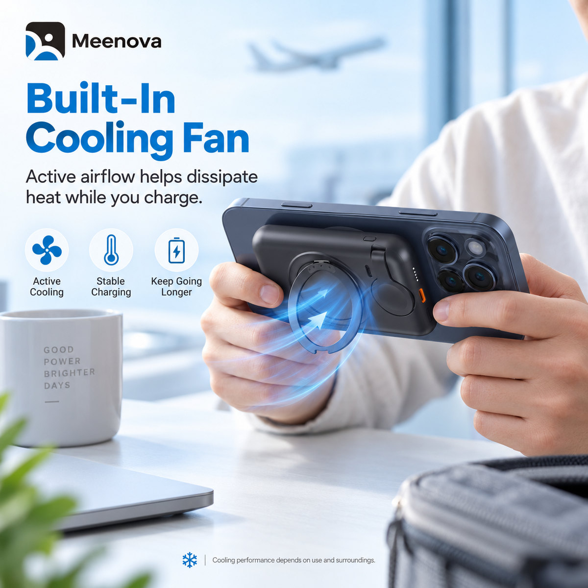 Meenova MP07 15W Qi2-Compatible 3-in-1 Magnetic Power Bank, 10000mAh MagSafe-Compatible Portable Charger with Cooling Fan & Foldable Phone Stand for iPhone, Apple Watch & AirPods