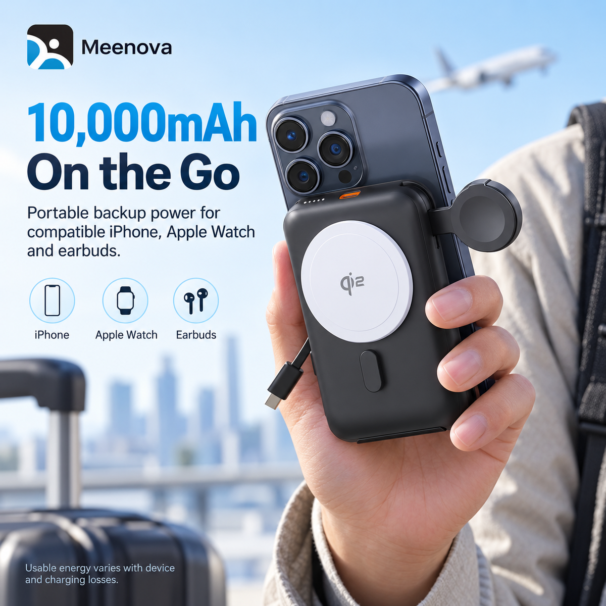 Meenova MP07 15W Qi2-Compatible 3-in-1 Magnetic Power Bank, 10000mAh MagSafe-Compatible Portable Charger with Cooling Fan & Foldable Phone Stand for iPhone, Apple Watch & AirPods