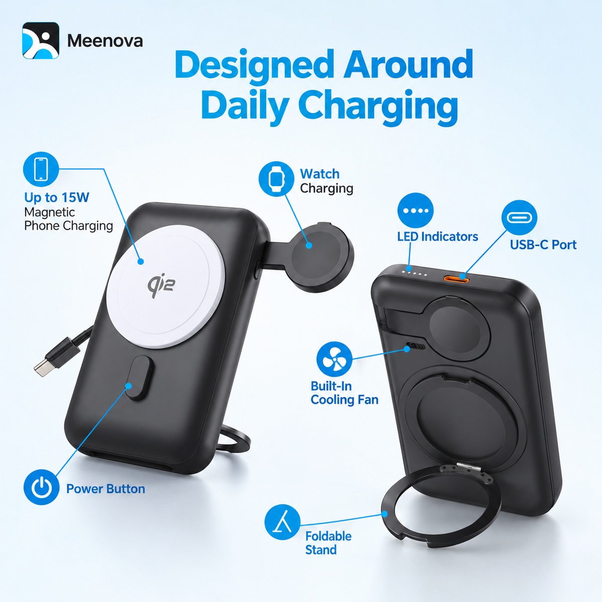 Meenova MP07 15W Qi2-Compatible 3-in-1 Magnetic Power Bank, 10000mAh MagSafe-Compatible Portable Charger with Cooling Fan & Foldable Phone Stand for iPhone, Apple Watch & AirPods