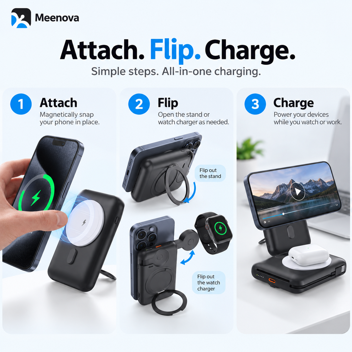 Meenova MP07 15W Qi2-Compatible 3-in-1 Magnetic Power Bank, 10000mAh MagSafe-Compatible Portable Charger with Cooling Fan & Foldable Phone Stand for iPhone, Apple Watch & AirPods