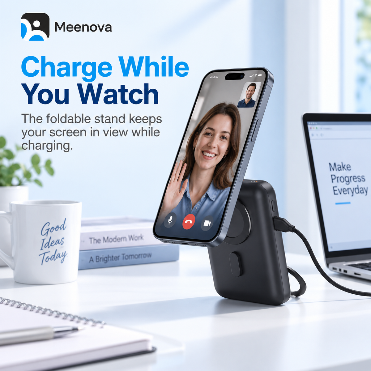 Meenova MP07 15W Qi2-Compatible 3-in-1 Magnetic Power Bank, 10000mAh MagSafe-Compatible Portable Charger with Cooling Fan & Foldable Phone Stand for iPhone, Apple Watch & AirPods
