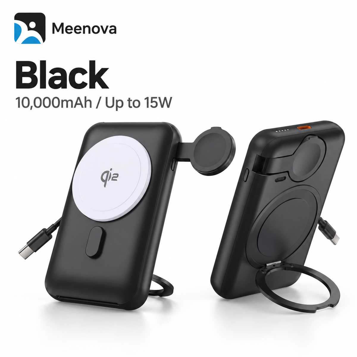 Meenova MP07 15W Qi2-Compatible 3-in-1 Magnetic Power Bank, 10000mAh MagSafe-Compatible Portable Charger with Cooling Fan & Foldable Phone Stand for iPhone, Apple Watch & AirPods