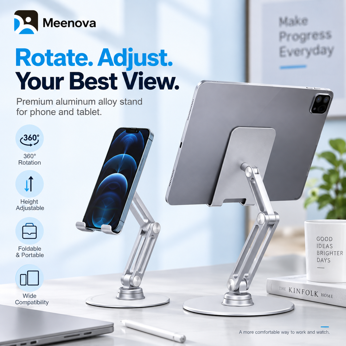 Meenova L08P 360° Rotating Phone & Tablet Stand, Height-Adjustable Foldable Aluminum Alloy Desktop Holder for Video Calls, Online Classes & Watching Videos - Silver or Black