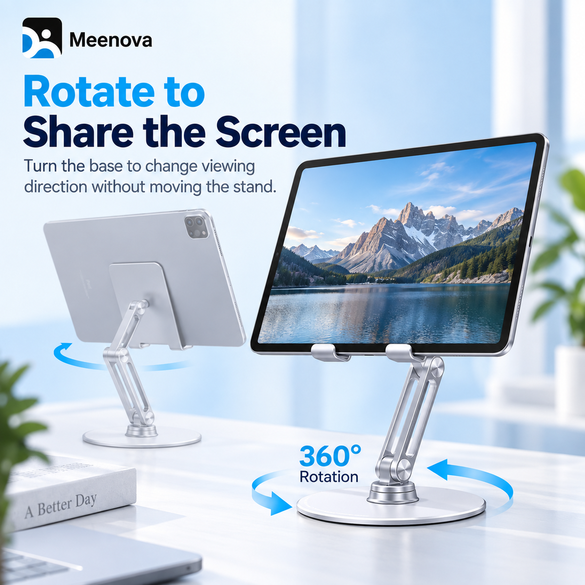 Meenova L08P 360° Rotating Phone & Tablet Stand, Height-Adjustable Foldable Aluminum Alloy Desktop Holder for Video Calls, Online Classes & Watching Videos - Silver or Black