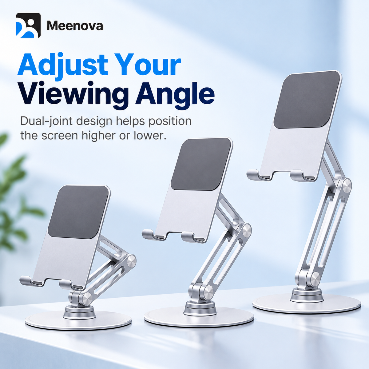 Meenova L08P 360° Rotating Phone & Tablet Stand, Height-Adjustable Foldable Aluminum Alloy Desktop Holder for Video Calls, Online Classes & Watching Videos - Silver or Black