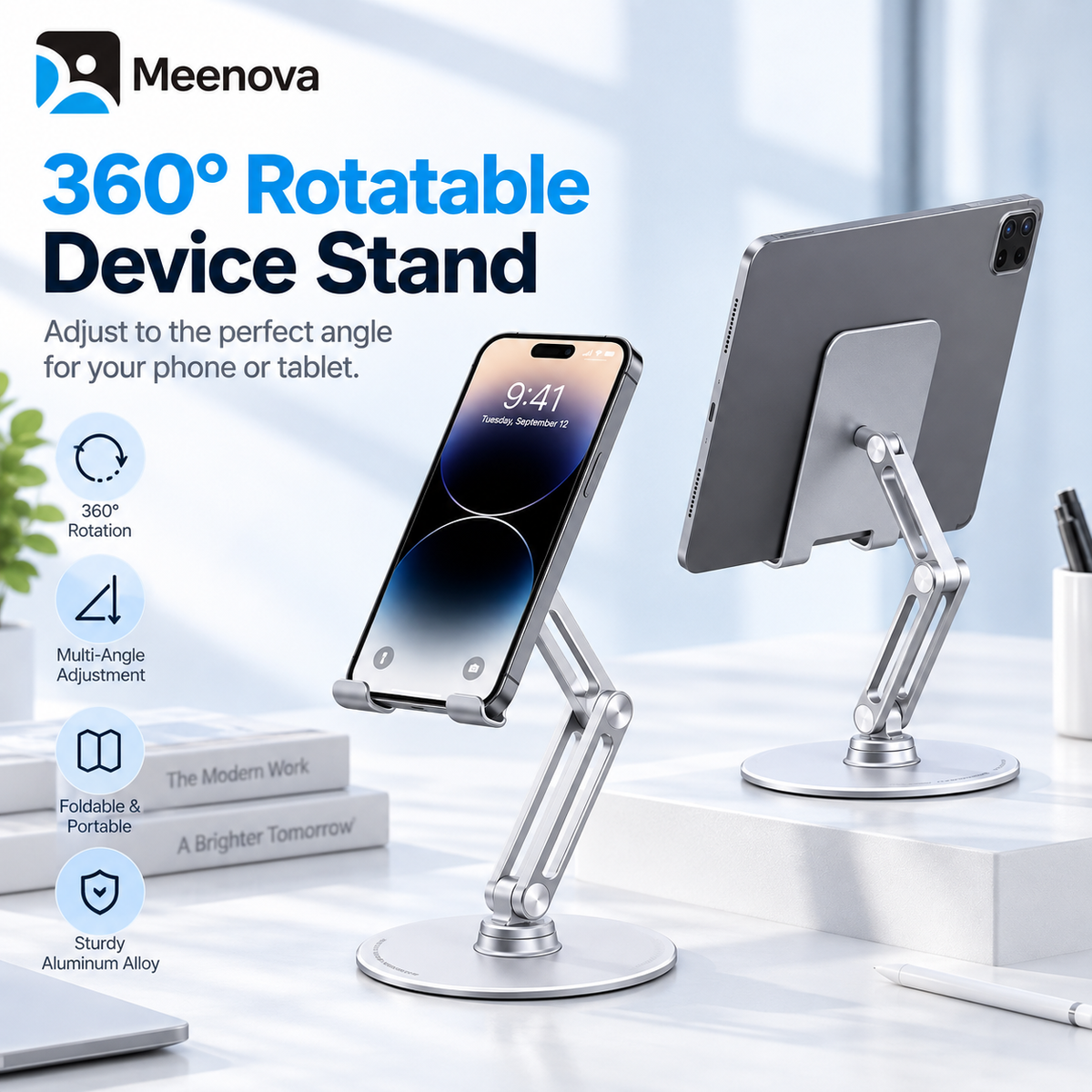 Meenova L08P 360° Rotating Phone & Tablet Stand, Height-Adjustable Foldable Aluminum Alloy Desktop Holder for Video Calls, Online Classes & Watching Videos - Silver or Black