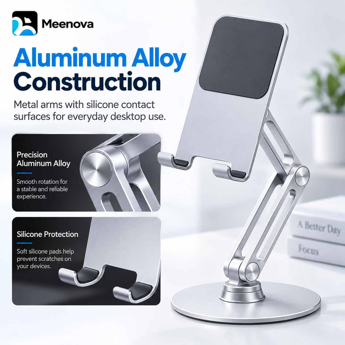 Meenova L08P 360° Rotating Phone & Tablet Stand, Height-Adjustable Foldable Aluminum Alloy Desktop Holder for Video Calls, Online Classes & Watching Videos - Silver or Black