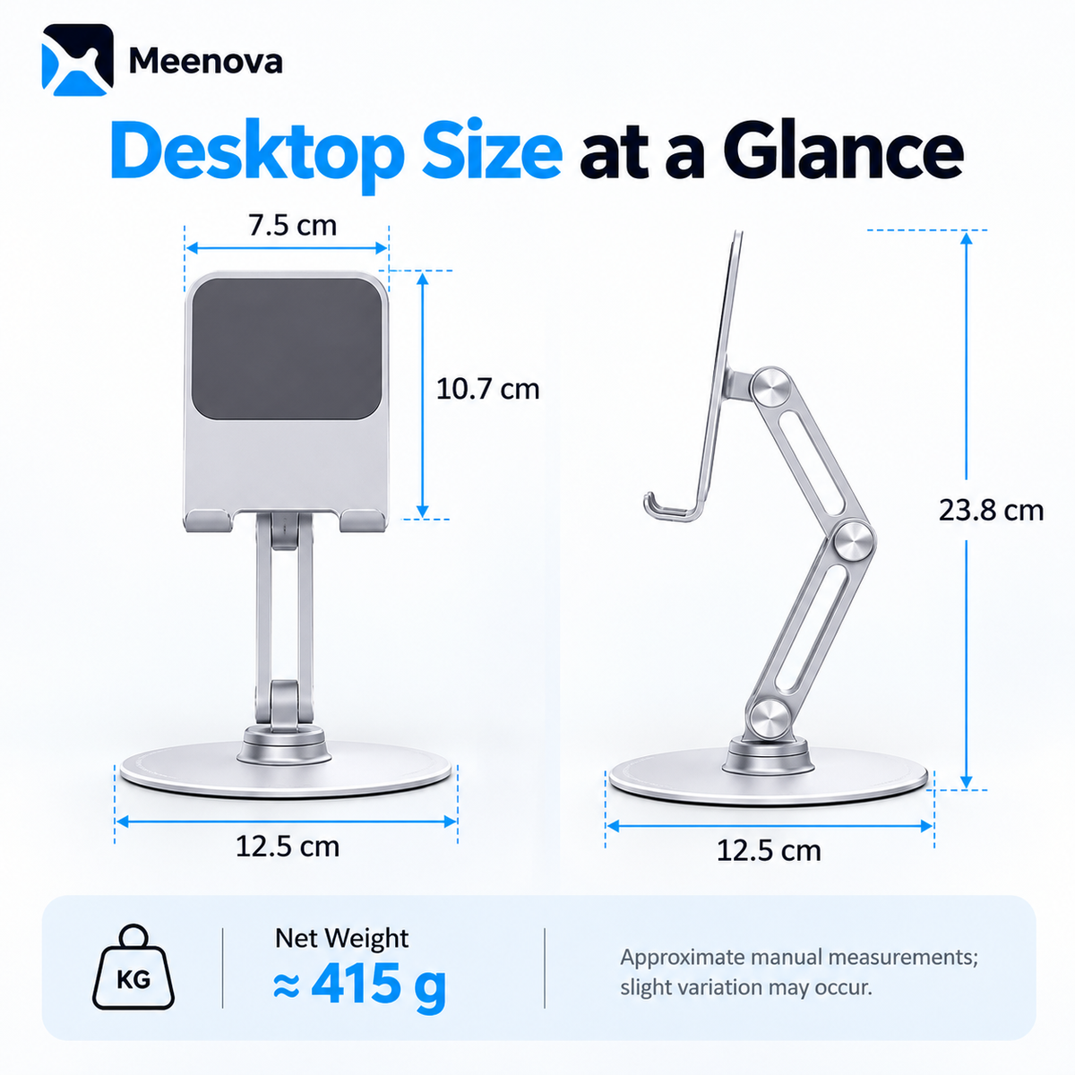 Meenova L08P 360° Rotating Phone & Tablet Stand, Height-Adjustable Foldable Aluminum Alloy Desktop Holder for Video Calls, Online Classes & Watching Videos - Silver or Black