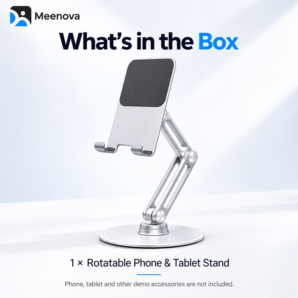 Meenova L08P 360° Rotating Phone & Tablet Stand, Height-Adjustable Foldable Aluminum Alloy Desktop Holder for Video Calls, Online Classes & Watching Videos - Silver or Black