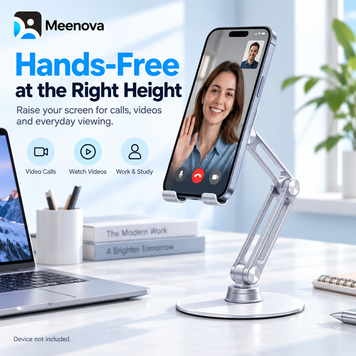 Meenova L08P 360° Rotating Phone & Tablet Stand, Height-Adjustable Foldable Aluminum Alloy Desktop Holder for Video Calls, Online Classes & Watching Videos - Silver or Black