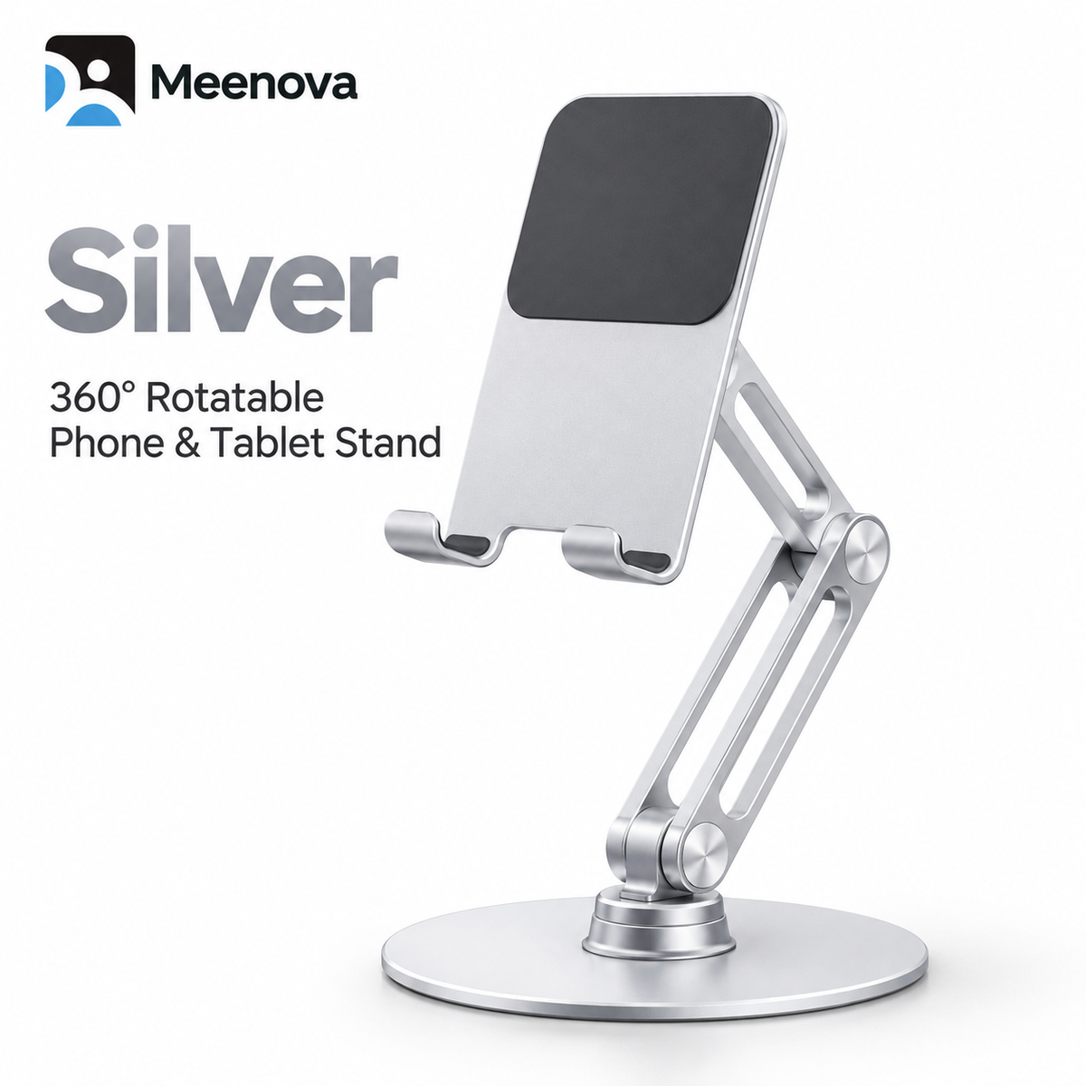 Meenova L08P 360° Rotating Phone & Tablet Stand, Height-Adjustable Foldable Aluminum Alloy Desktop Holder for Video Calls, Online Classes & Watching Videos - Silver or Black