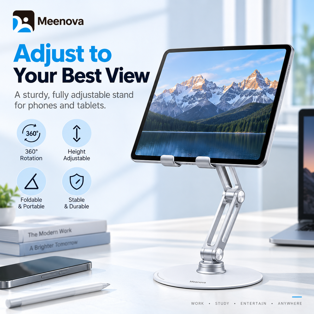 Meenova L08P 360° Rotating Phone & Tablet Stand, Height-Adjustable Foldable Aluminum Alloy Desktop Holder for Video Calls, Online Classes & Watching Videos - Silver or Black