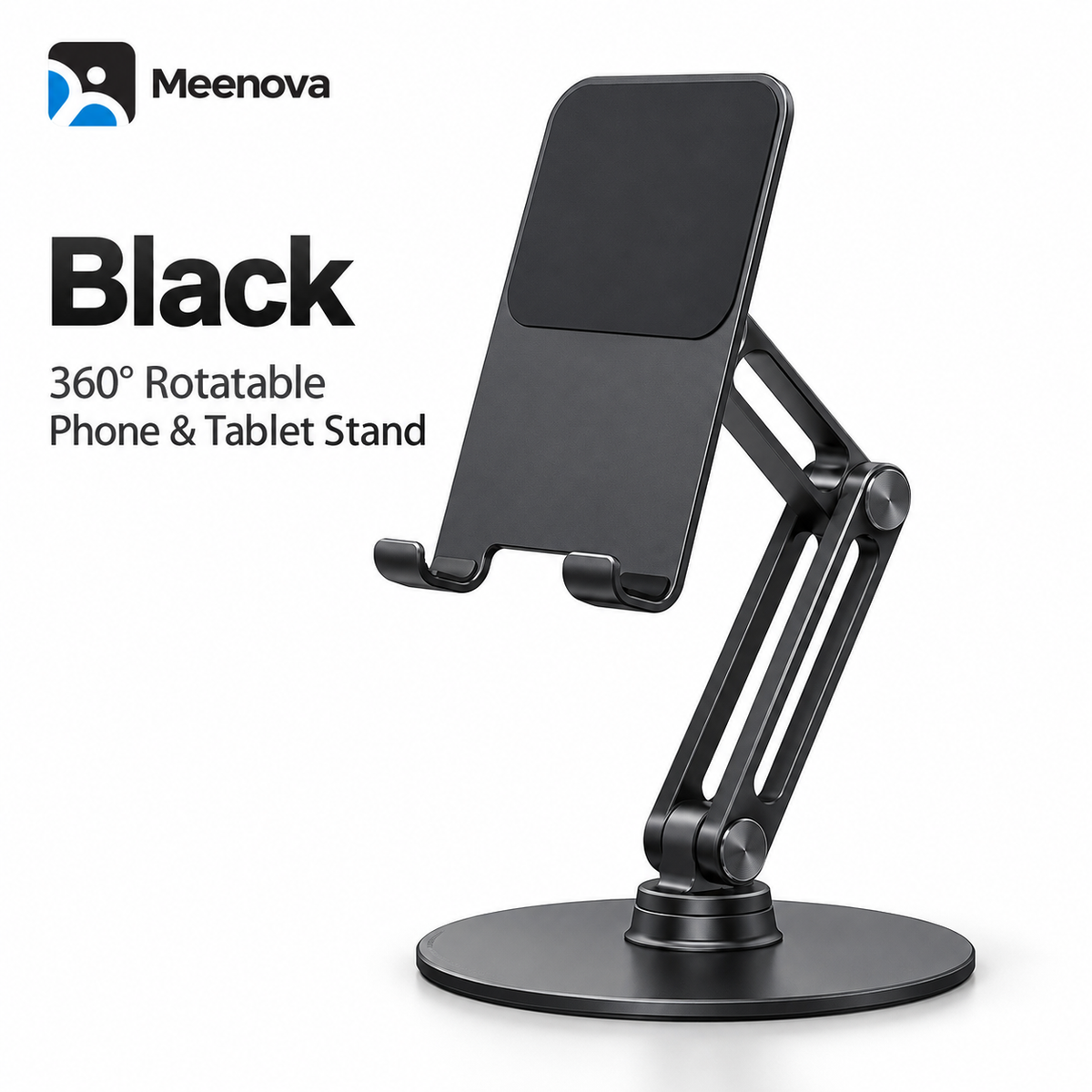 Meenova L08P 360° Rotating Phone & Tablet Stand, Height-Adjustable Foldable Aluminum Alloy Desktop Holder for Video Calls, Online Classes & Watching Videos - Silver or Black