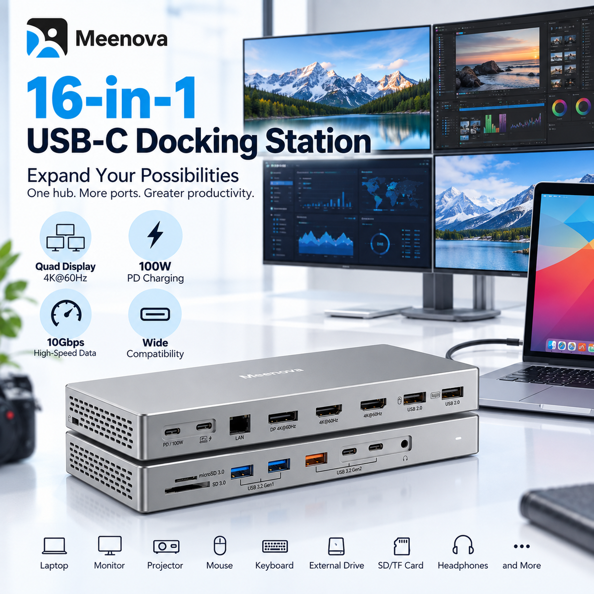 Meenova 16-in-1 USB-C Docking Station, USB 3.2 Laptop Hub with HDMI & DisplayPort, 2 HDMI + 1 DP or 2 DP + 1 HDMI for Compatible Multi-Monitor Workspaces