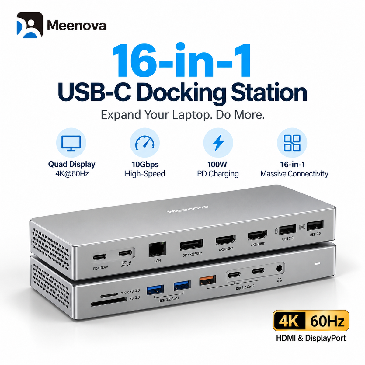 Meenova 16-in-1 USB-C Docking Station, USB 3.2 Laptop Hub with HDMI & DisplayPort, 2 HDMI + 1 DP or 2 DP + 1 HDMI for Compatible Multi-Monitor Workspaces