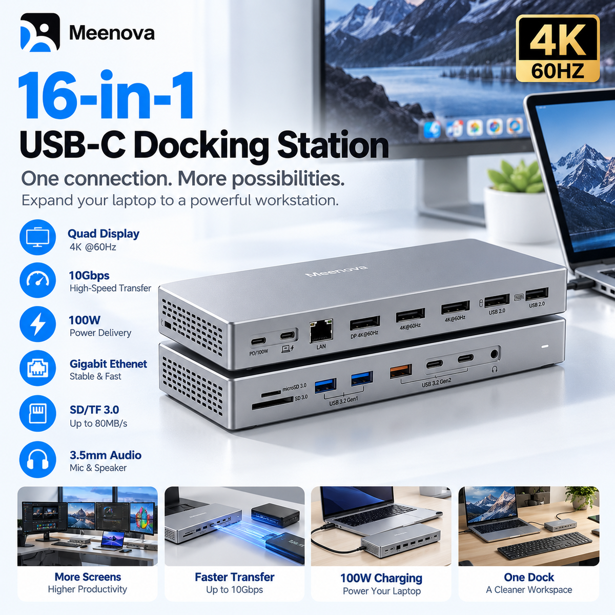 Meenova 16-in-1 USB-C Docking Station, USB 3.2 Laptop Hub with HDMI & DisplayPort, 2 HDMI + 1 DP or 2 DP + 1 HDMI for Compatible Multi-Monitor Workspaces