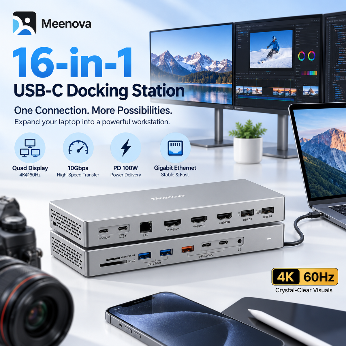 Meenova 16-in-1 USB-C Docking Station, USB 3.2 Laptop Hub with HDMI & DisplayPort, 2 HDMI + 1 DP or 2 DP + 1 HDMI for Compatible Multi-Monitor Workspaces