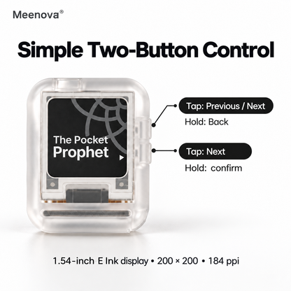 Meenova Rand/0 Pocket Prophet, 1.54-Inch E-Ink Decision Gadget with 350 Bilingual Answers, MBTI Guide, Dice & Coin Flip, Bluetooth Page Turner, NFC & USB-C Charging