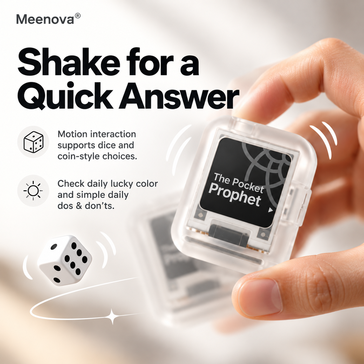 Meenova Rand/0 Pocket Prophet, 1.54-Inch E-Ink Decision Gadget with 350 Bilingual Answers, MBTI Guide, Dice & Coin Flip, Bluetooth Page Turner, NFC & USB-C Charging