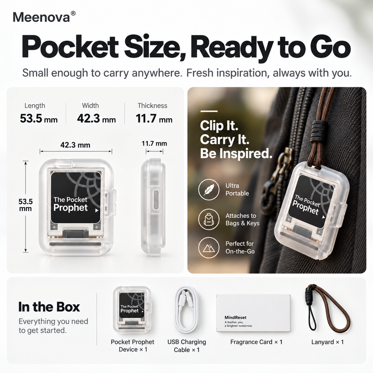 Meenova Rand/0 Pocket Prophet, 1.54-Inch E-Ink Decision Gadget with 350 Bilingual Answers, MBTI Guide, Dice & Coin Flip, Bluetooth Page Turner, NFC & USB-C Charging