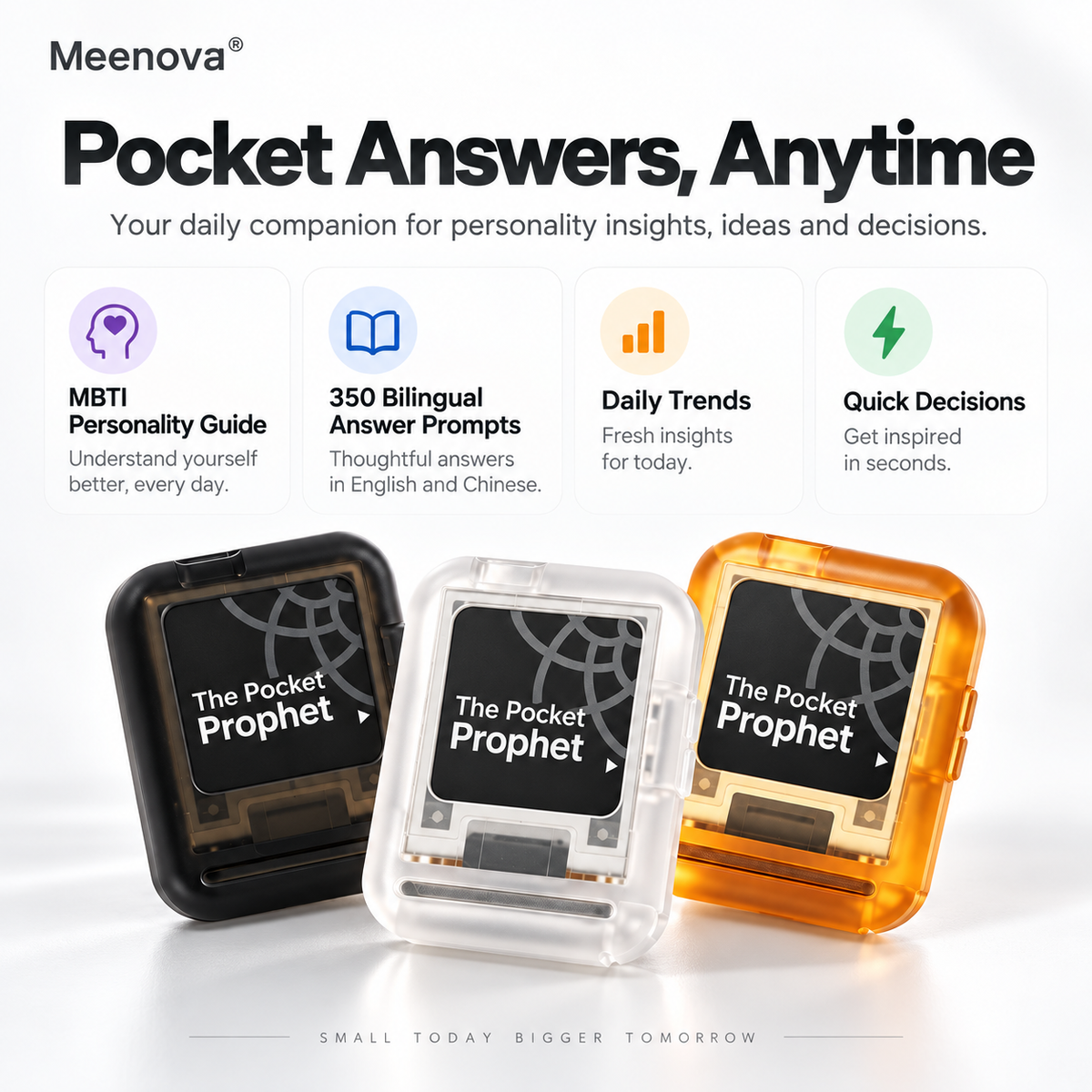 Meenova Rand/0 Pocket Prophet, 1.54-Inch E-Ink Decision Gadget with 350 Bilingual Answers, MBTI Guide, Dice & Coin Flip, Bluetooth Page Turner, NFC & USB-C Charging