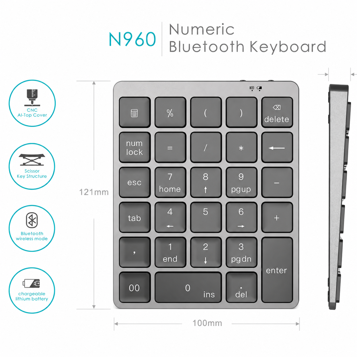 Meenova 28-Key Bluetooth Numeric Keypad with Aluminum Top Cover and 140mAh Rechargeable Battery for Windows, iOS & Android