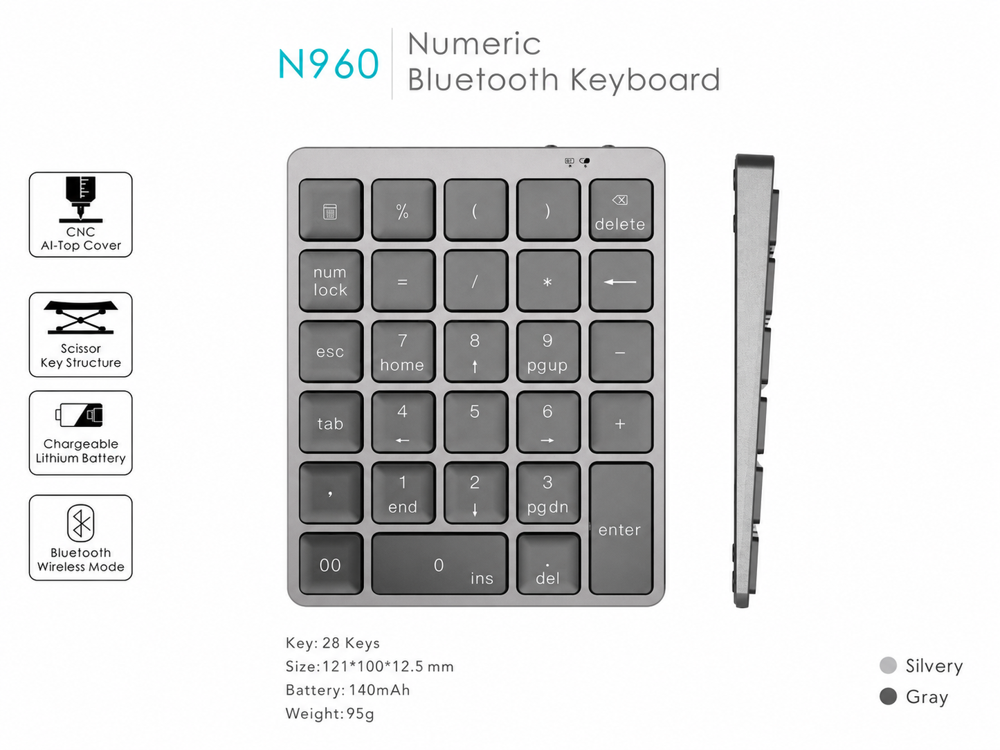Meenova 28-Key Bluetooth Numeric Keypad with Aluminum Top Cover and 140mAh Rechargeable Battery for Windows, iOS & Android