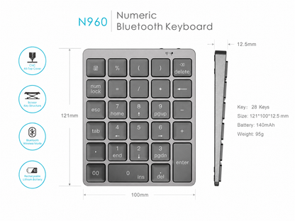 Meenova 28-Key Bluetooth Numeric Keypad with Aluminum Top Cover and 140mAh Rechargeable Battery for Windows, iOS & Android