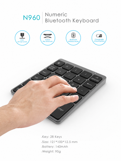 Meenova 28-Key Bluetooth Numeric Keypad with Aluminum Top Cover and 140mAh Rechargeable Battery for Windows, iOS & Android