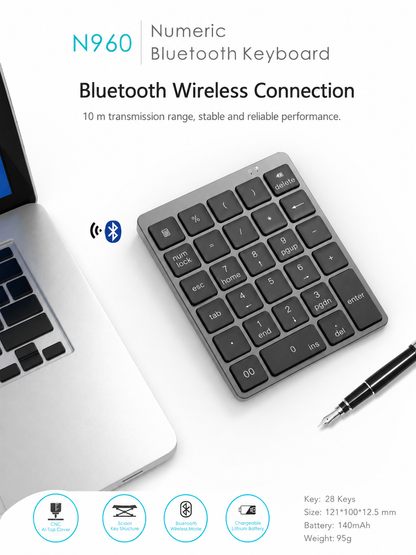 Meenova 28-Key Bluetooth Numeric Keypad with Aluminum Top Cover and 140mAh Rechargeable Battery for Windows, iOS & Android