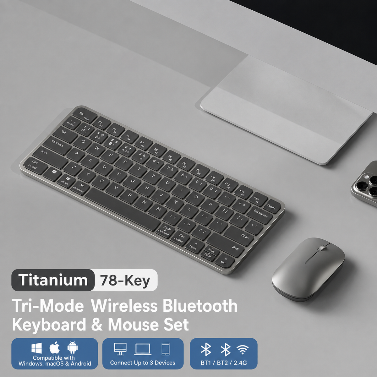 Meenova 78-Key Tri-Mode Wireless Keyboard, Bluetooth 5.0 & 2.4GHz with 3-Device Switching and Quiet Keys for Windows, Mac, iOS & Android