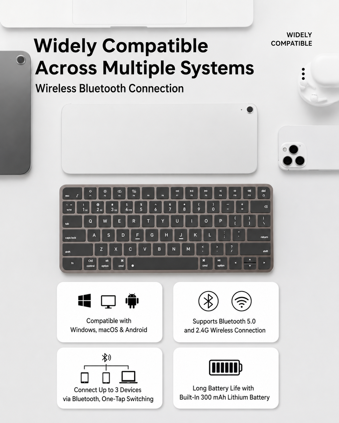 Meenova 78-Key Tri-Mode Wireless Keyboard, Bluetooth 5.0 & 2.4GHz with 3-Device Switching and Quiet Keys for Windows, Mac, iOS & Android