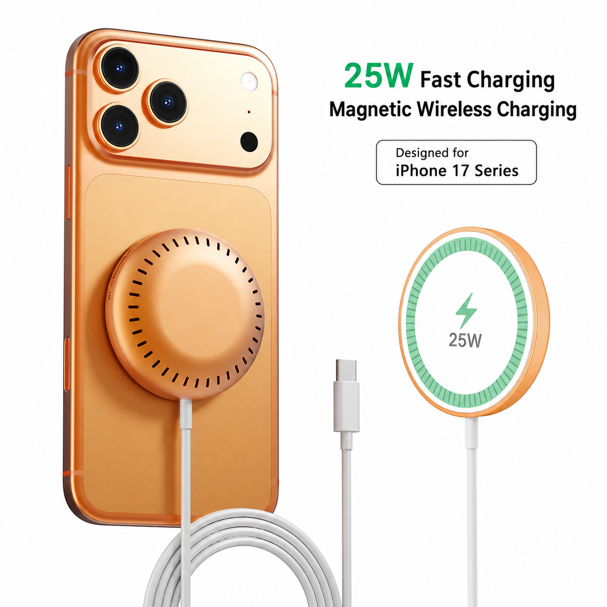 25W MagSafe Magnetic Wireless Charger, Compatible with iPhone and Samsung Series Phones, Portable Charger for Travel, High-Speed Charging, Lightweight, Slim and Compact, 6 Charging Safety Protections, Free 1m USB-C Cable Included ,Bedside/Office Charge