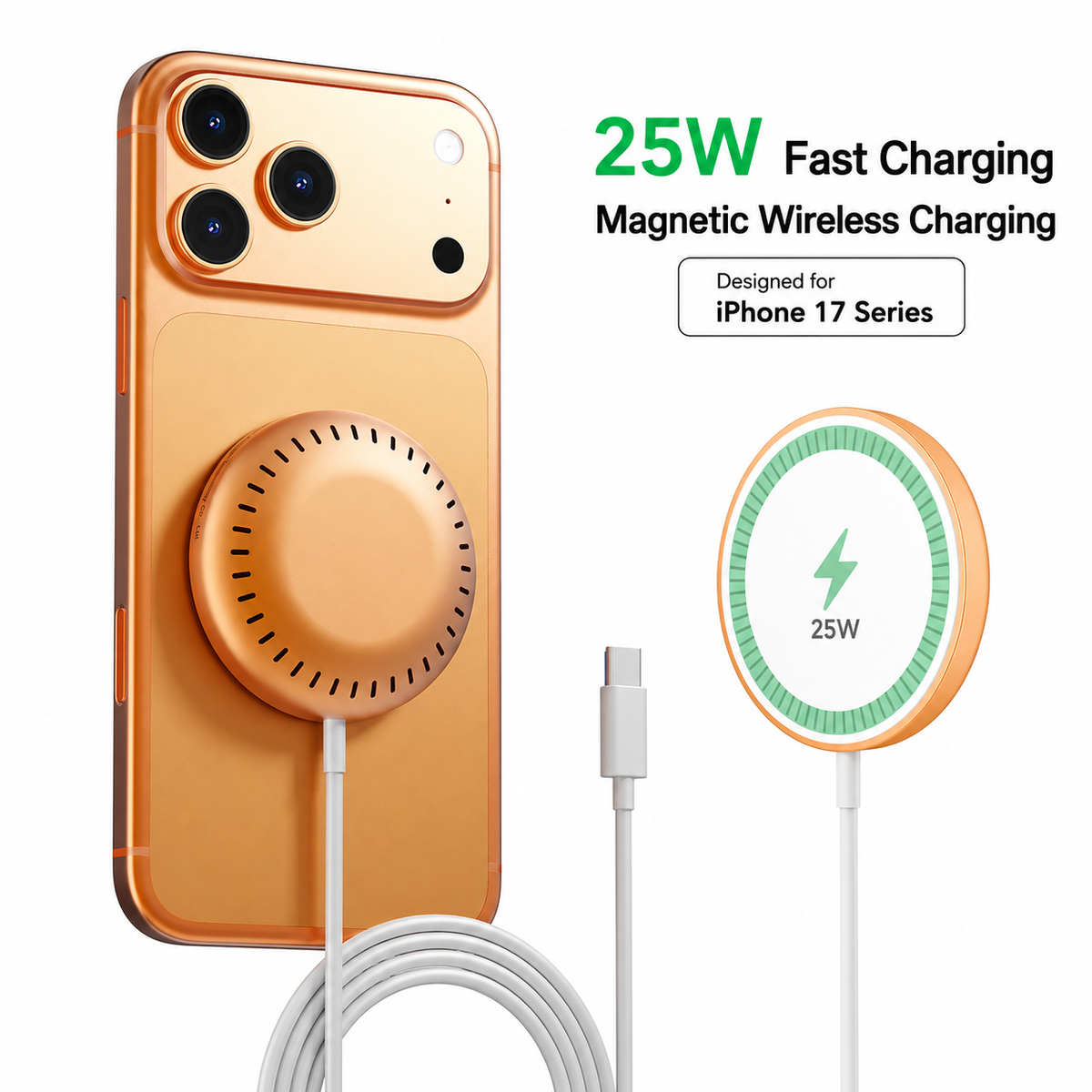 25W MagSafe Magnetic Wireless Charger, Compatible with iPhone and Samsung Series Phones, Portable Charger for Travel, High-Speed Charging, Lightweight, Slim and Compact, 6 Charging Safety Protections, Free 1m USB-C Cable Included ,Bedside/Office Charge