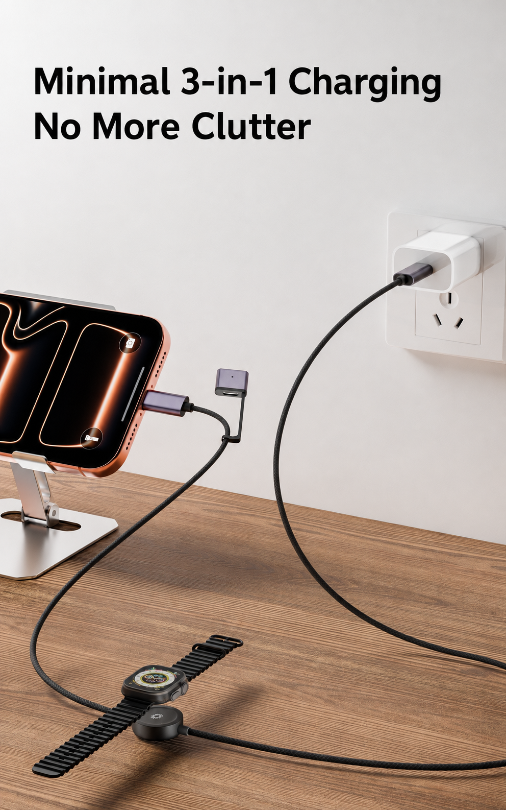 Meenova 100W 3-in-1 USB-C Cable with Apple Watch Charger & MagSafe 3 Adapter, 1.5m Braided PD Data Cable