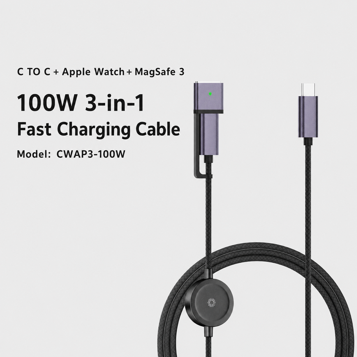 Meenova 100W 3-in-1 USB-C Cable with Apple Watch Charger & MagSafe 3 Adapter, 1.5m Braided PD Data Cable